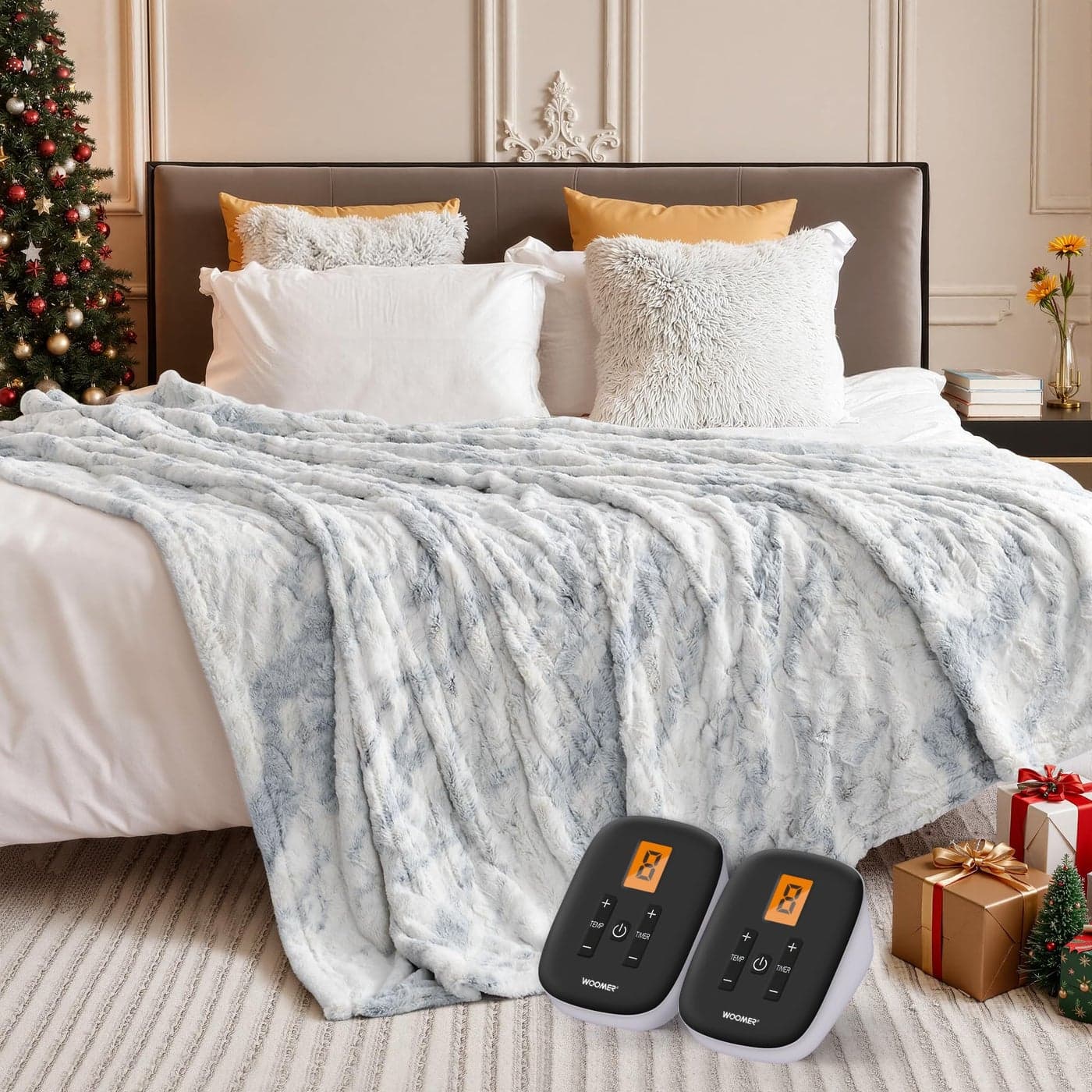 WOOMER Heated Blanket King Size 100 x 90 Electric Blanket with Dual Controllers 0512 Hours Timer 10 Heating Levels ETL Certified Marble Blue DoubleSided Faux Fur Machine Washable