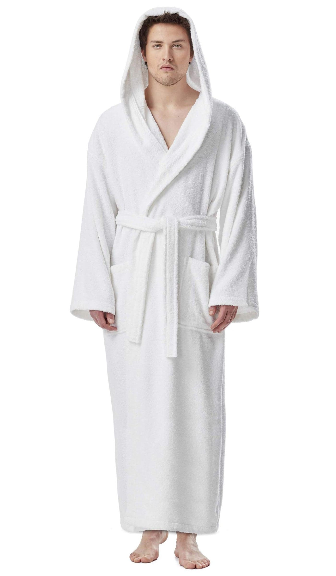 Arus Mens Hooded Classic Turkish Cotton Bath Robe with Full Length Options White Small Medium