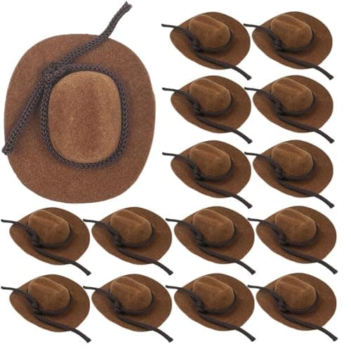 SHEHARUHI 15 Pcs Mini Flocked Cowboy Hat Set Tiny Decorative Hats for Party Pets and Dolls 2 Inch Brown