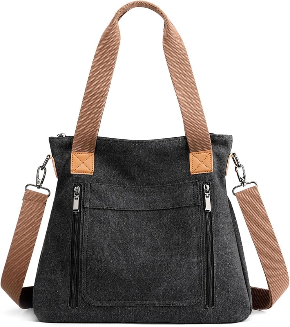 INOVERA (LABEL) Handbags for Women, Girls - Crossbody Shoulder Sling Bag with Adjustable Strap - Ladies Cotton Canvas Hobo Bags for Travel, Shopping (Black)