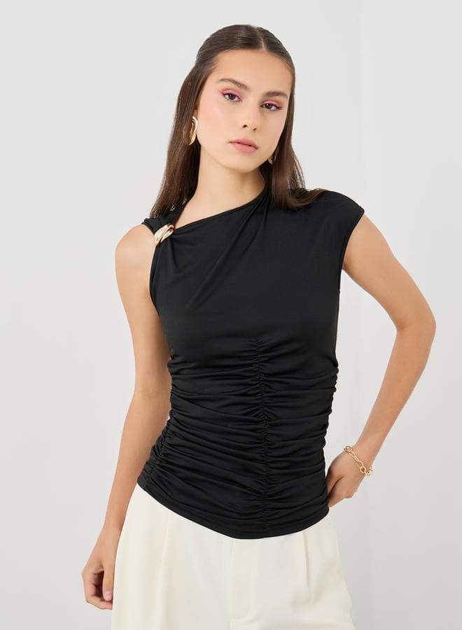 Take Two Solid Sleeveless Asymmetric Neck Top — XL