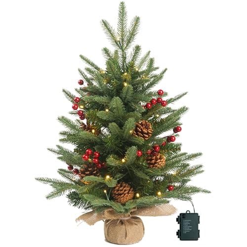 Prelighted Mini Christmas Tree 2 ft with 50 LED Light, 80 Tips Mini Fir Artificial Small Xmas Tree with Timer 24 inch Tabletop Tree Christmas Decoration for Bedroom Fireplace Mantel