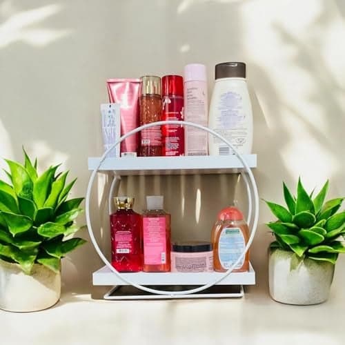 Go Hooked 2-Tier Metal Vanity Storage Organizer | 17x30x33cm Freestanding Rack for Bathroom, Kitchen, & Office | Space-Saving Countertop Shelf for Toiletries, Makeup, & Accessories (White)