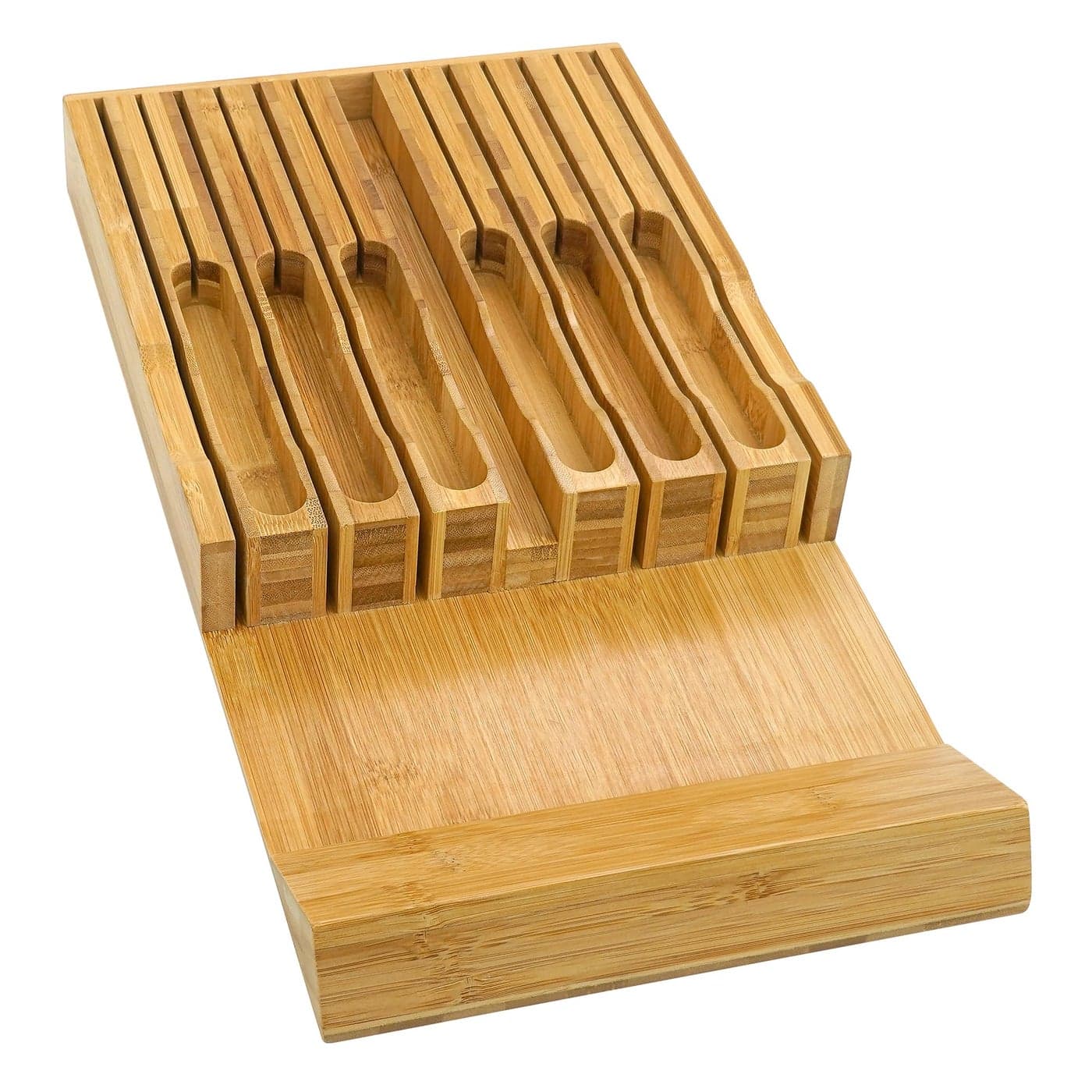 VaeFae Bamboo Knife Drawer Organizer Knife Drawer Organizer Insert Kitchen Drawer Knife Block for 12 Knives and a PLUS Slot for your Knife Sharpener Without Knives
