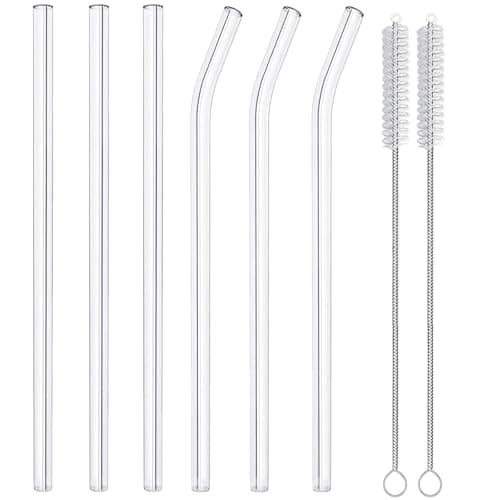 Lydnvjx 6 Pack Reusable Glass Straws,8.5'' x10MM,3 Straight and 3 Bent with 2 Cleaning Brushes,Perfect for Smoothies,Tea,Juice