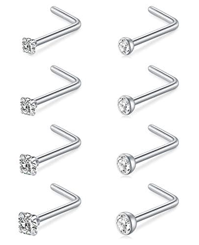 MODRSA Nose Studs for Women Men Silver Nose Ring Studs 18 gauge L Shaped Nose Screw Stainless Steel Diamond Nostril Piercing Stud
