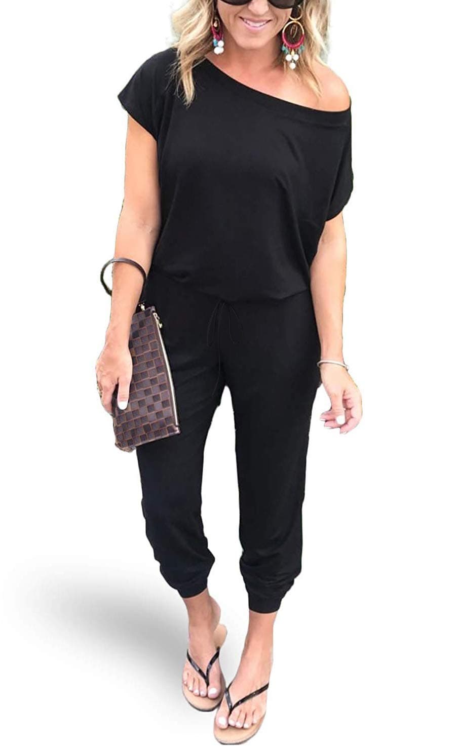 AMiERY Women's Sexy Off Shoulder Jumpsuit Solid Casual Elastic Waist Beam Foot Jumpsuits Rompers Black Medium