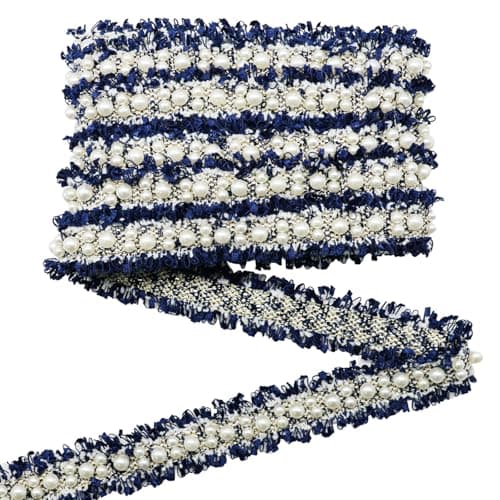 Yalulu 5 Yards Nylon Pearl Beaded Embroidered Lace Trim Ribbon Fabric Handmade DIY Costume Dress Sewing Supplies Craft Navy Blue