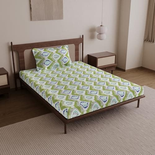 Divine Casa Bedsheet for Single Size Bed 144 TC Cotton Bedsheet for Single Size Bed with 1 Pillow Cover (145 X 223 cm) Floral Palm Green Cotton Bedsheet