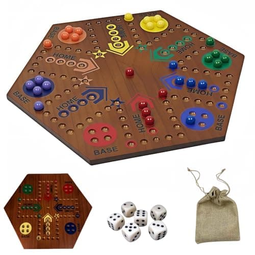 Wooden Board Games Marble Board Game SurfacepaintingDouble Sided Painted 15inch Fast Track for 6 and 4 Players with 6 Colors 30 Marbles 6 Dice for Kids Friends Family Game Party Walnut