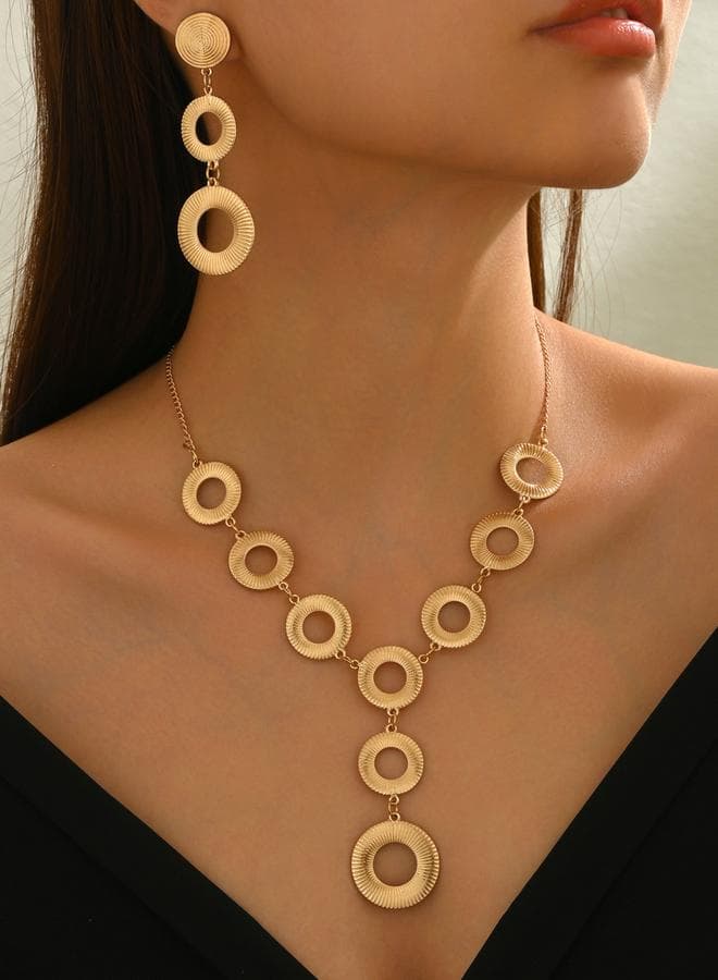 Gold Circle Pendant Necklace and Earrings Set