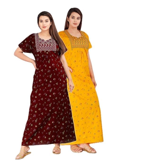 KBNBJ Women's Cotton Jaipuri Nighty Gown Pack of 2 – Rajasthani Print Maxi Dress Sleepwear with Pocket Night Dress for Ladies – Soft & Comfortable Loungewear (Combo#5, Free Size)