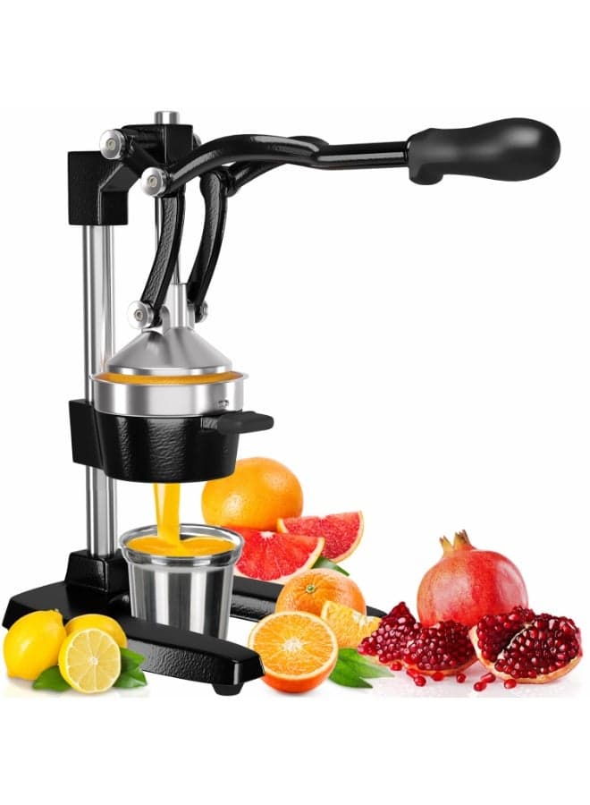 Cast Iron Citrus Juicer ExtraLarge Commercial Grade Manual Hand Press Heavy Duty Countertop Squeezer for Fresh Orange Juice Bonus Stainless Steel Cup Black