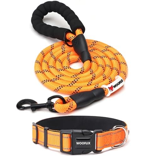 WOOFLIX Reflective Leash & Collar Combo Set | Anti-Slip Padded Handle for Medium & Large Dogs | Highly Reflective Rope (Leash 6.5 Ft. + Collar Medium, Orange), 18 Cm