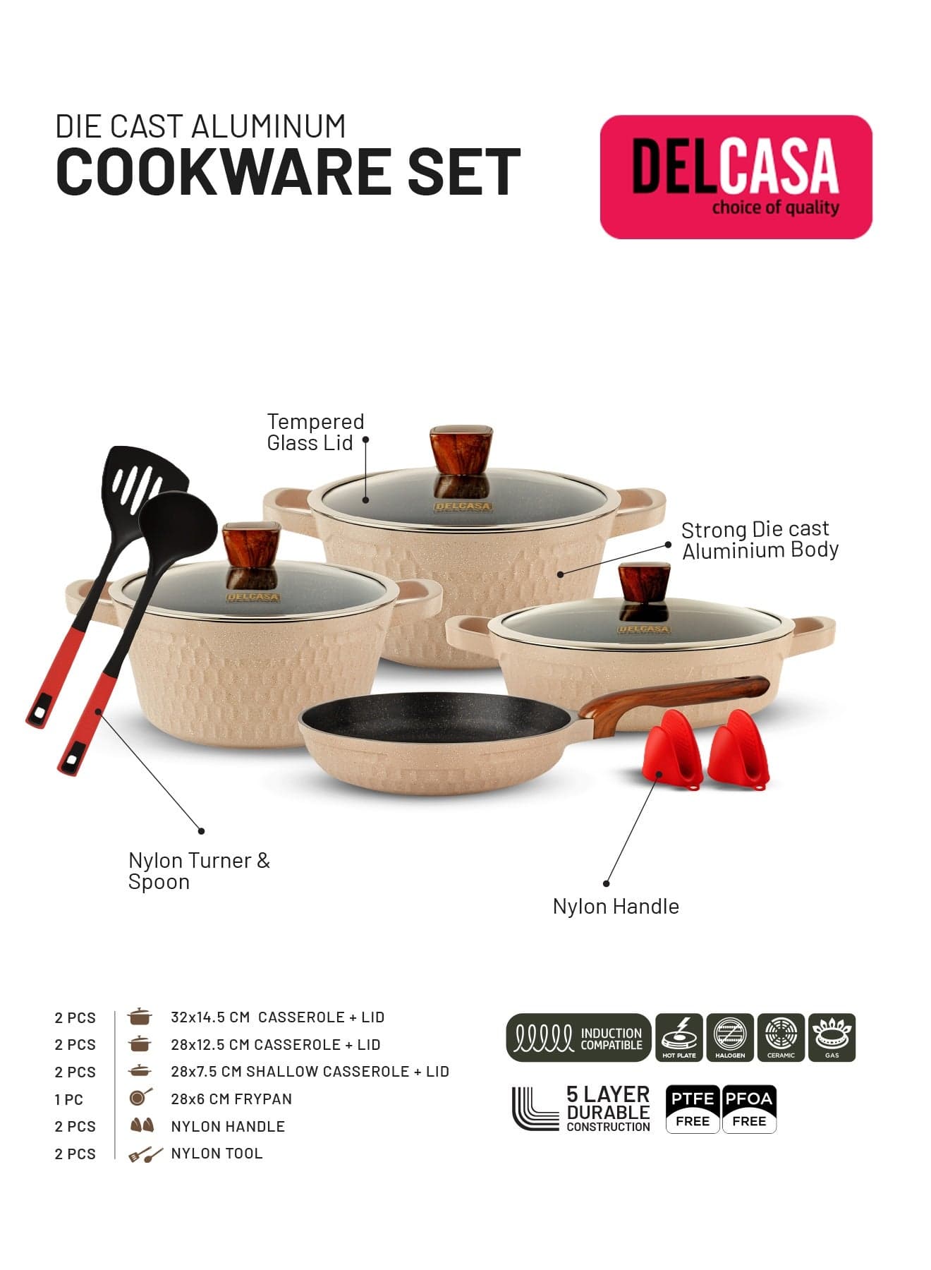 Delcasa 11piece DieCast Aluminum Cookware Set DC3784 Nonstick Coated, with Induction Base, Tempered Glass Lid/ PTFE and PFOA Free