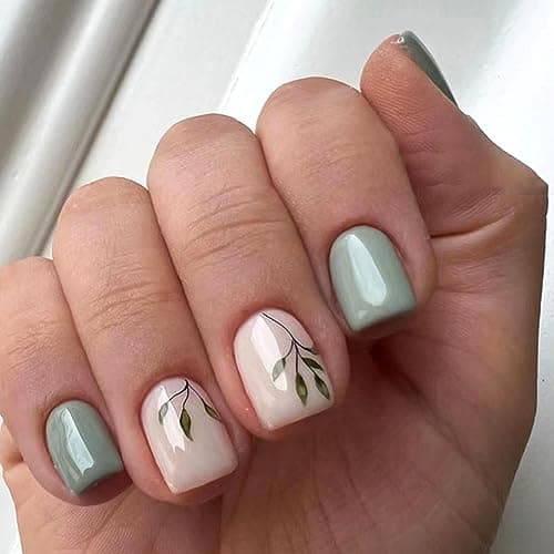 Press on Nails Short Square Fake Nails Acrylic False Nails with Leaves Designs Elegant Lake Green Pink Full Cover Glue on Nails for Women 24 Pcs 12 Size