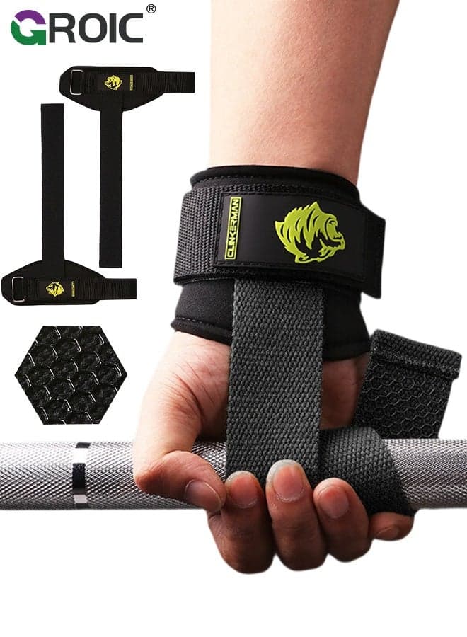 Weight Lifting Straps, Wrist Cushion, 2-Pack Black Polyester-Cotton Deadlift Straps, Non-Slip Palm Protection for Powerlifting, Strength Training and Pull-Ups, Lifting Wrist Wraps with Silicone Grip