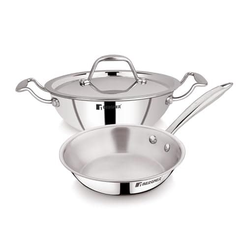 BERGNER Argent Junior Chef Triply Stainless Steel Set of 18 cm/1.5 LTR Kadai with Lid and 18 cm Frypan, Kadai and Frypan Combo, Durable Handles, Induction Base and Gas Ready, 5-Year Warranty, Silver