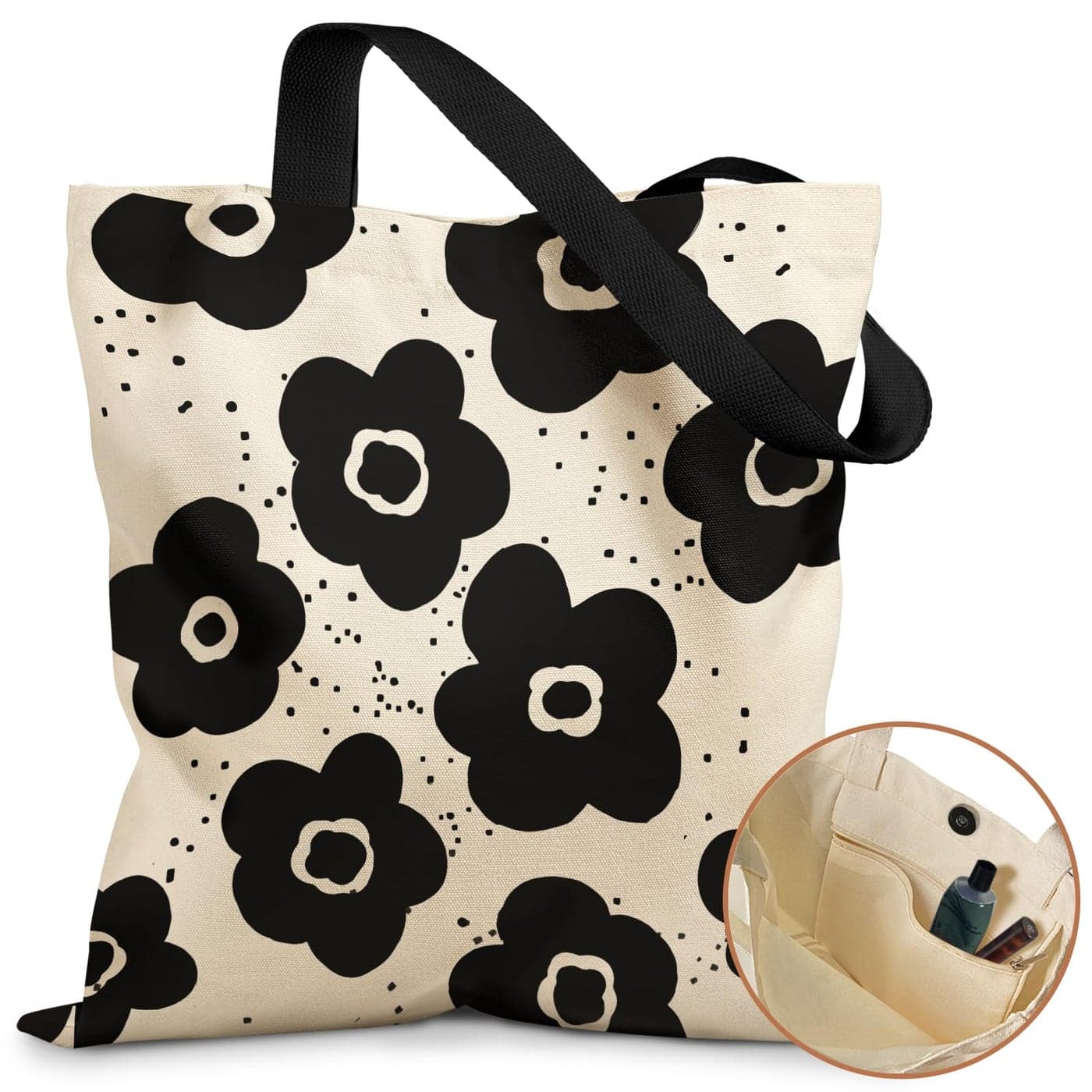 Miss Adola Aesthetic Tote Bag with Magnetic Buckle and Zipper Inner Pocket for Women Lady Cloth Cotton Tote Bag for Gym Work Travel Library ShoppingBlack Flower