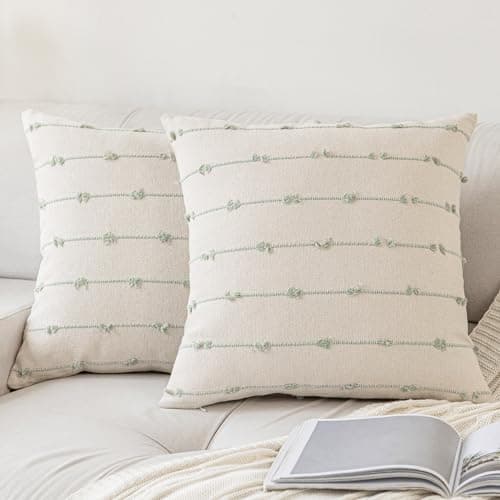 YEENAASY Boho Throw Pillow Covers 18x18 Set of 2 Modern Farmhouse Decorative Cushion Case Tufed Square Pillows Cover Neutral Pillow Cases Accent Pillowcase for SofaCouchBedBeige and Green