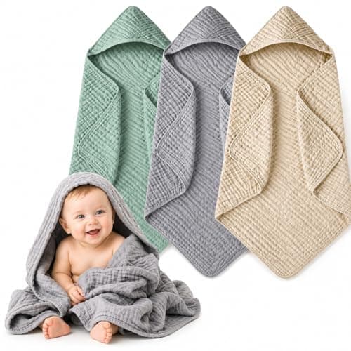 Momsnug 3Pack Muslin Hooded Baby Towels 100 Cotton UltraSoft Absorbent Baby Bath Towels with Hood for Babies Infant Toddler and NewbronGreen Grey Apricot35 X 35