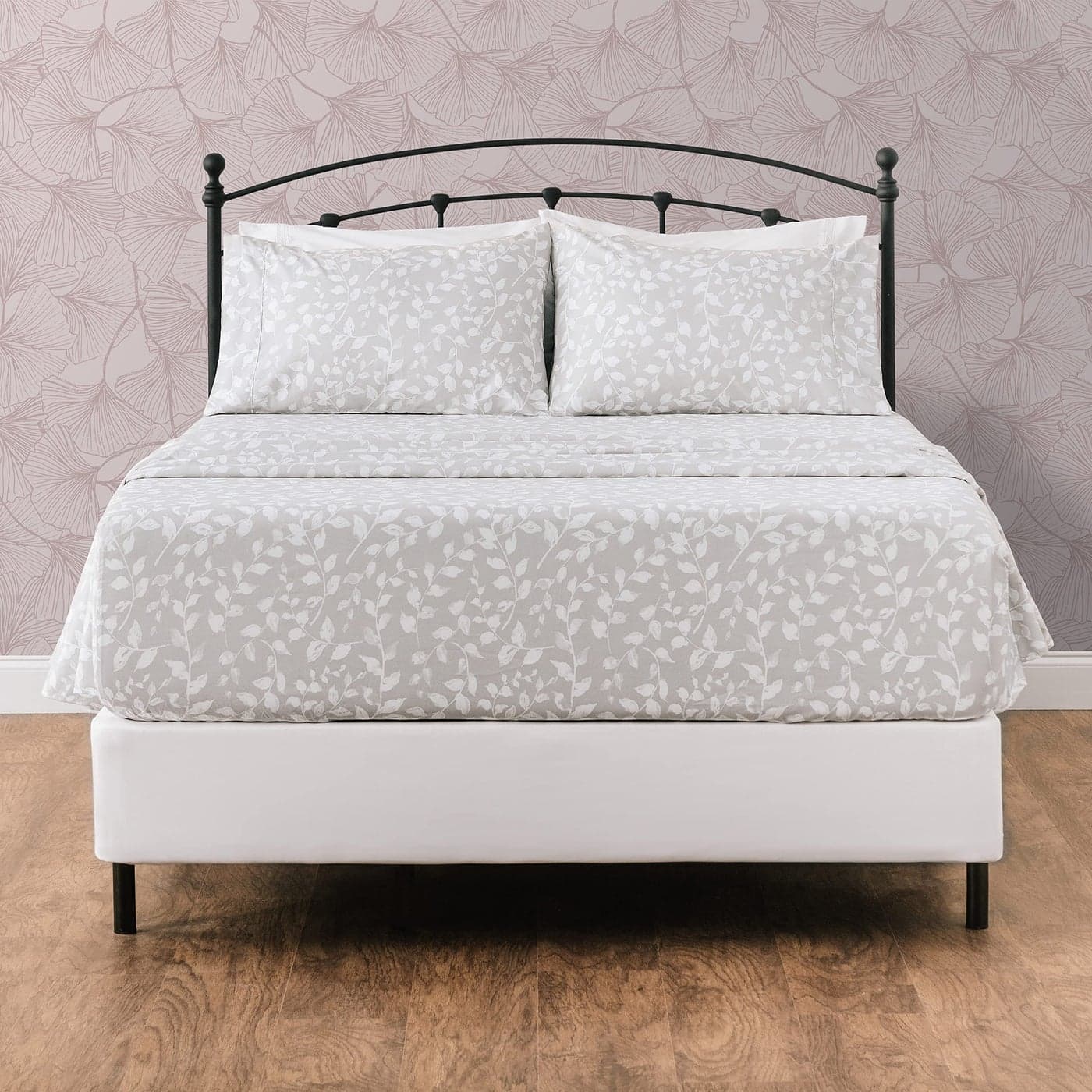 Chanasya Premium Printed King Bed Sheet Set 4Piece Soft Floral Leaves Print 1 Flat 1 Fitted Sheet 2 Pillowcases Wrinkle Resistant Microfiber Sheets Gray King