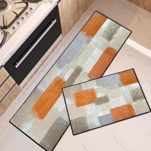 Tayney Orange Abstract Kitchen Rugs and Mats Non Skid Washable Set of 2, Beige Contemporary Painting Art Mats for Floor, Modern Runner Rug Brown Grey Kitchen Decor