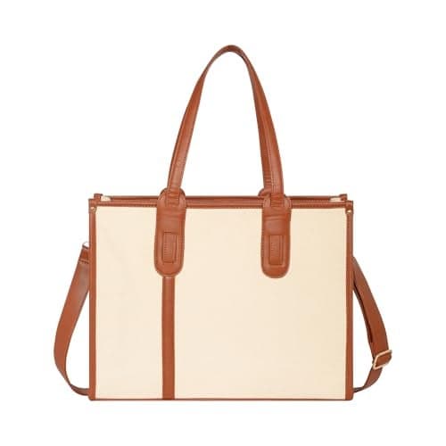 Womanix Canvas Laptop Tote Bags for Women Work Bag 15 inch Briefcase for Women Large Capacity Handbag for Office, School, Travel Teacher Purse Lightweight Computer Bag Business. (Beige Tan)