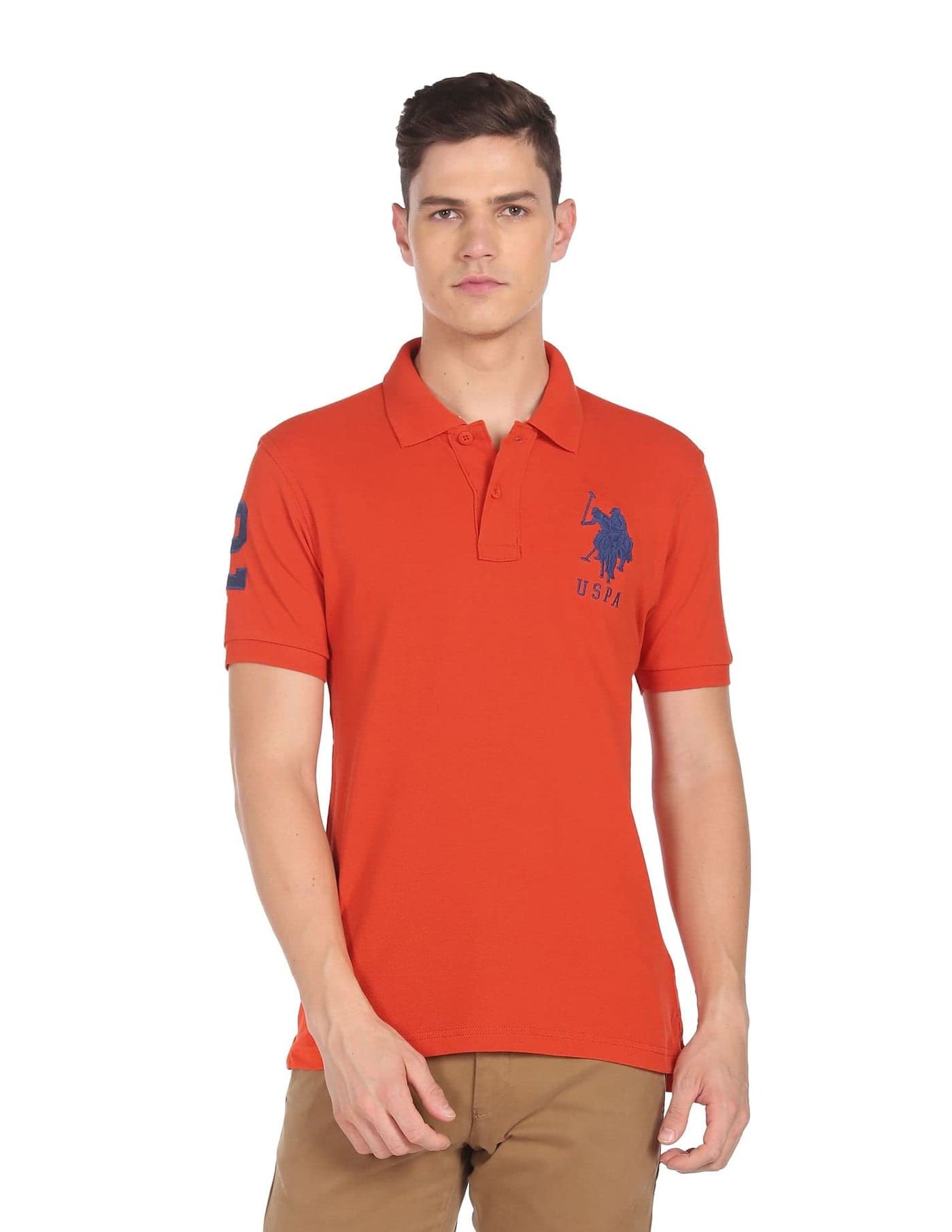 U.S. POLO ASSN. Men's Cotton Solid Slim Fit Polo Shirt (USTSHC0063_DK. Orange L)