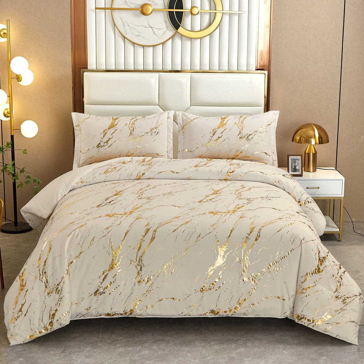 WONGS BEDDING Khaki Gold Metallic Marble Comforter Set Queen Foil Print Glitter Bedding Sets with 2 Pillowcases for All Seasons Soft Microfiber Filling Bedding Duvet Set 90x90