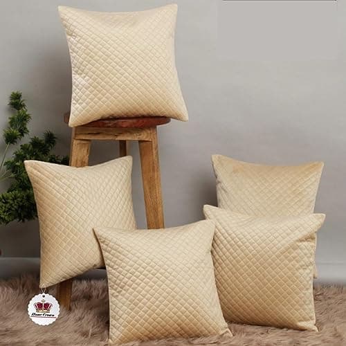 HOMECROWN 16x16 Inch Quilted Velvet Cushion Covers Set of 5 – Soft Decorative Throw Pillow Cases for Sofa, Couch, Bed, and Living Room – Zipper Closure, Beige