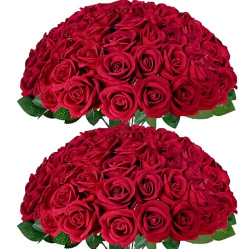 Cherica 50Pcs Red Roses Artificial Flowers with Stems,Fake Roses Bouquet Fake Flowers Bulk,Silk Velvet Roses for Wedding Centerpieces Arrangement Baby Shower Birthday Home Decor Gifts