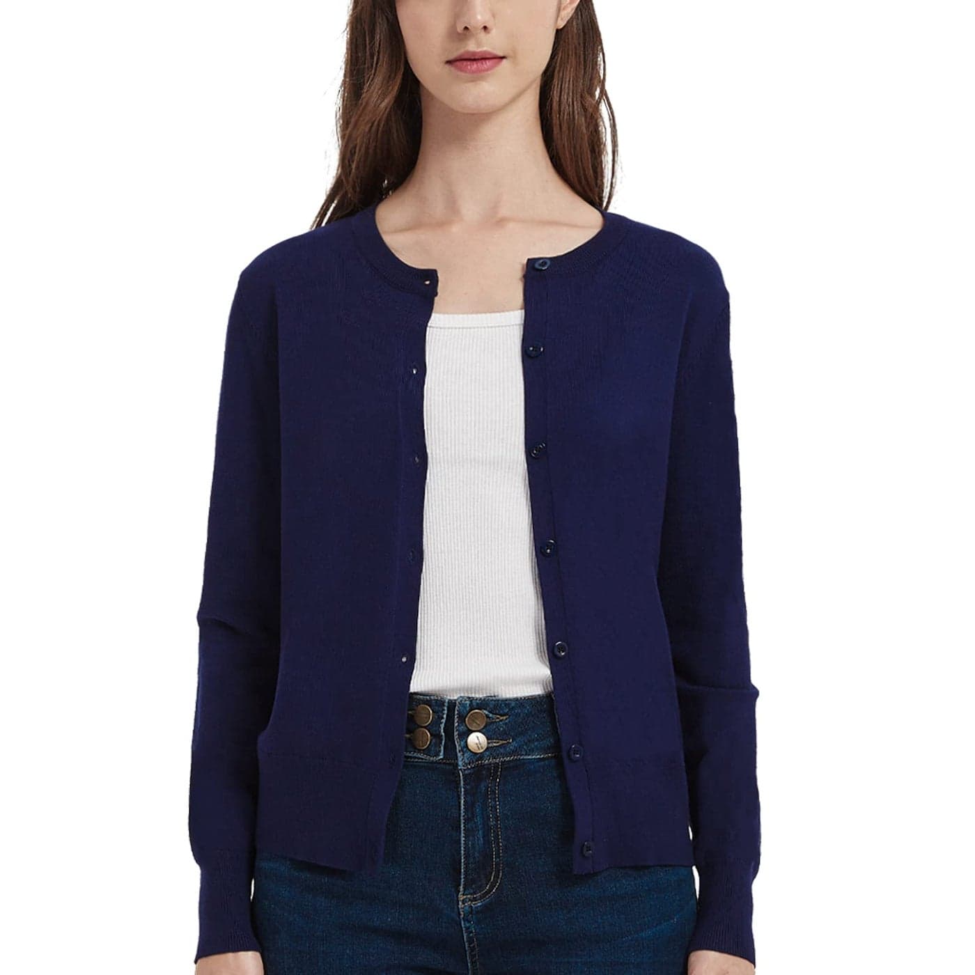 Womens Crew Neck Button Down Long Sleeve Cardigan Sweater Blue