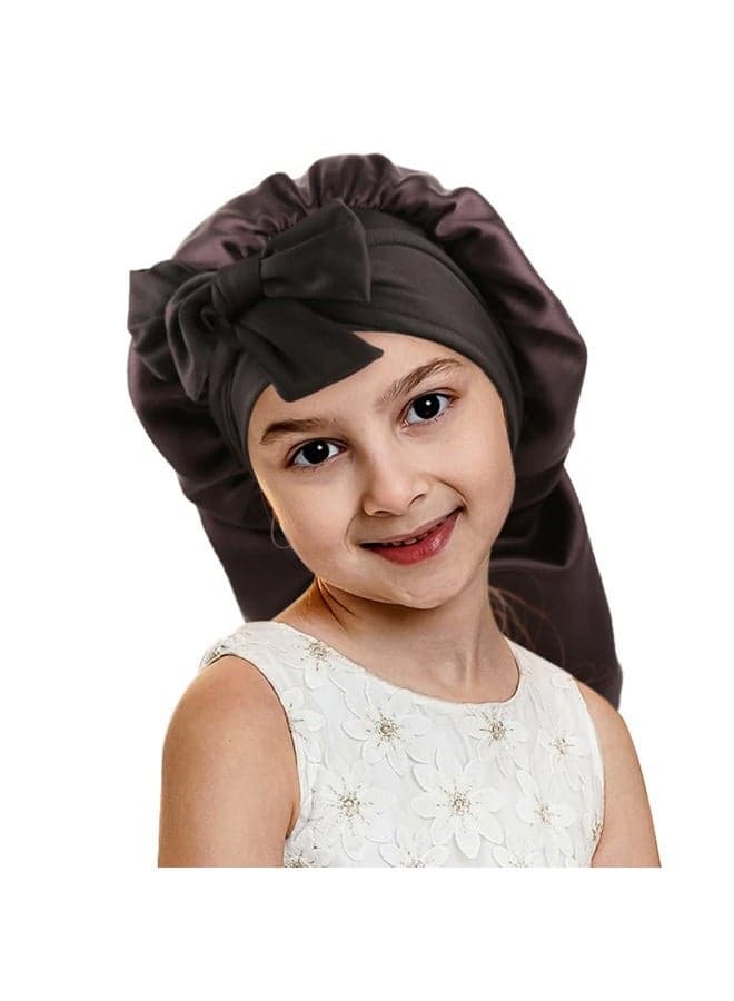Greatremy Kids Black Satin Bonnet for Girls - Double Layer Long Silky Sleep Satin Cap with Elastic Edge for Curly, Long Hair Sleeping, Fitness, Yoga