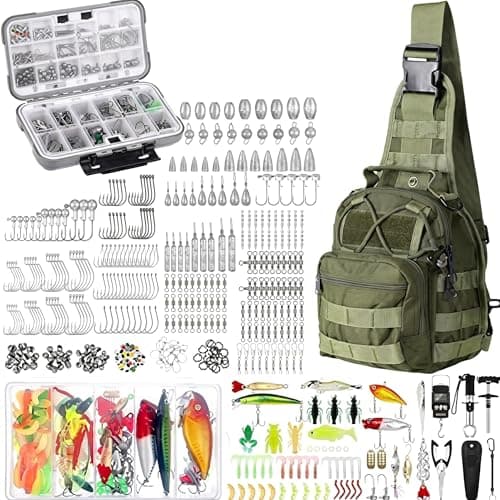 Sosation 482 Pcs Fishing Sling Tackle Bag Set Fish Tackle Box Backpack Storage Fishing Gear and Equipment Included Fish Hook Remover Tool Lures Lip Gripper Gift for MenMilitary Green