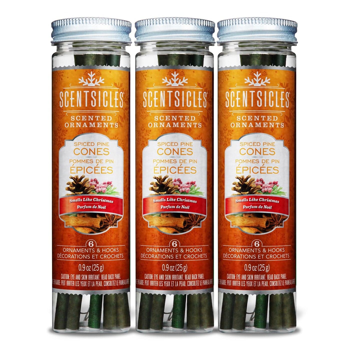 Scentsicles Spiced Pine Cones Scented Christmas Ornaments with Hooks 3 Bottles 18 Sticks Total