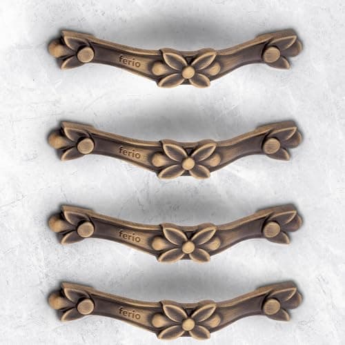 FERIO Zinc Cabinet Handle Pulls for Cabinet/Push Pull Small Handle for Kitchen and Bathroom Cabinets Handles for Drawer Heavy Duty (4 Inch, Pack of 4, Antique Brass) Pull handle