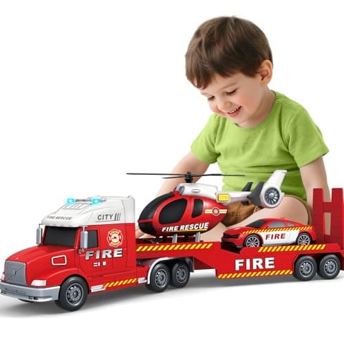 SpringFlower Toddler Boys Toys 3 4 5 Large Fire Truck Toys with Lights Sounds Truck Car with Racing Car and Helicopter Semi Vehicle Brithday for 3 4 5 6 7 Boys Girls