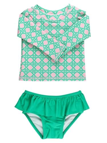 RuffleButts BabyToddler Girls Skirted Long Sleeve Rash Guard Bikini UPF50 Sun Protected Swimsuit Pink Coastal Cane 3T