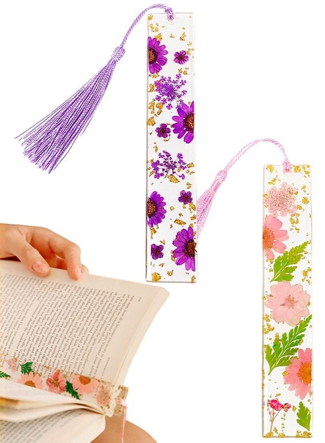 1 Pack 2 Pcs Clear Pressed Flower Resin Bookmarks with Tassels, Handmade Gift for Women, Students & Book Lovers