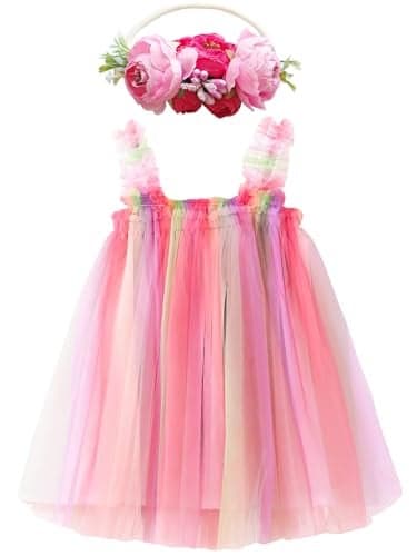 BGFKS Layered Tulle Tutu Dress for Toddler GirlsBaby Girl Rainbow Tutu Princess Skirt Set with Flower HeadbandRose Rainbow9 Months