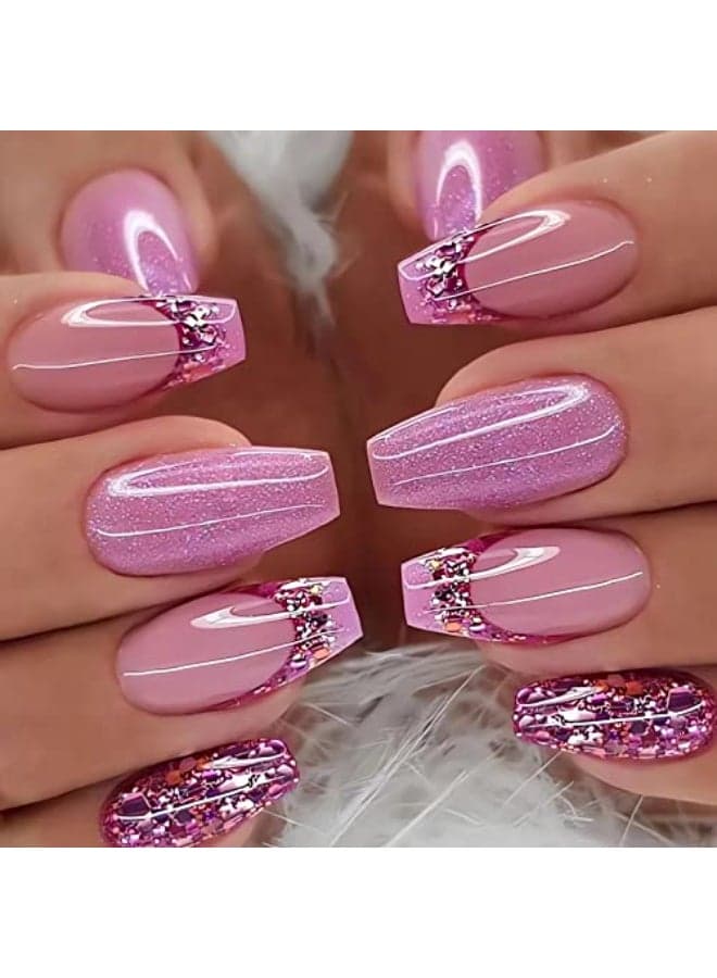 IMSOHOT Medium Press on Nails French Coffin Fake Nails Purple Glitter Full Cover Ballerina False Nails Glossy Acrylic Glue on Nails for Women 24pcs