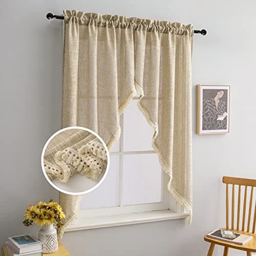 Beda Home Tassel Linen Textured Swag Curtain Valance for Farmhouses’ Kitchen; Light Filtering Rustic Short Swag Topper for Small Windows Bedroom Privacy Added Rod Pocket Design (Taupe 36x63-2PCs)