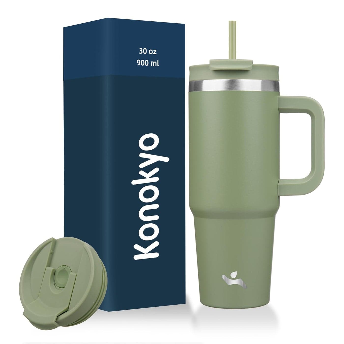 Konokyo 30 oz Tumbler with Handle and 2 Straws2 in 1 Lid Insulated Water Bottle Stainless Steel Travel Coffee MugArmy Green