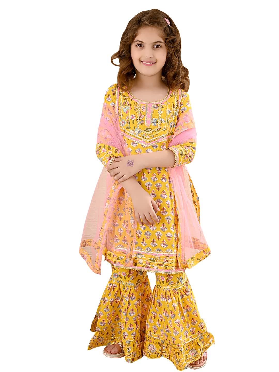 LILPICKS Girls Floral Printed Gota Patti Designed Kurta Sharara Set with Dupatta (Yellow Pink) (Size 7-8Y)