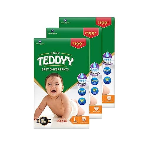 TEDDYY Easy Baby L Size Diaper Pant Style| 36 Count (Large) | 9–14 kg (Pack of 3) | Long Protection Hours | Anti-Bacterial | Airy Breathable Fit | Rapid Soaker Channels & Wetness Indicator
