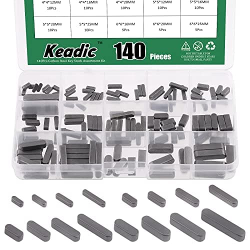 Keadic 140Pcs Carbon Steel Round Ended Parallel Drive Shaft Key Assortment Set, 8mm 10mm 12mm 16mm 20mm 25mm 30mm Professional Parallel Key Stock Pulley Feather Key for Fastening Connection