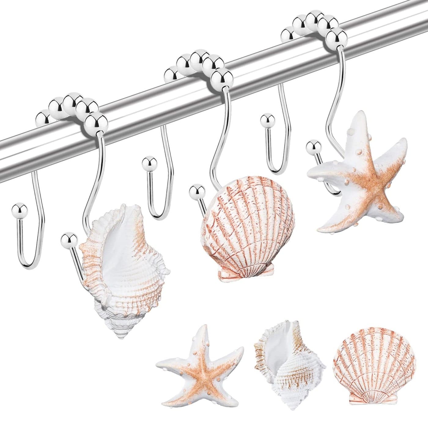 Shower Curtain Hooks Rings 12PCS Anti Rust Seashell Decorative Double Resin Hooks for Beach Bathroom Baby Room Bedroom Living Room Dcor