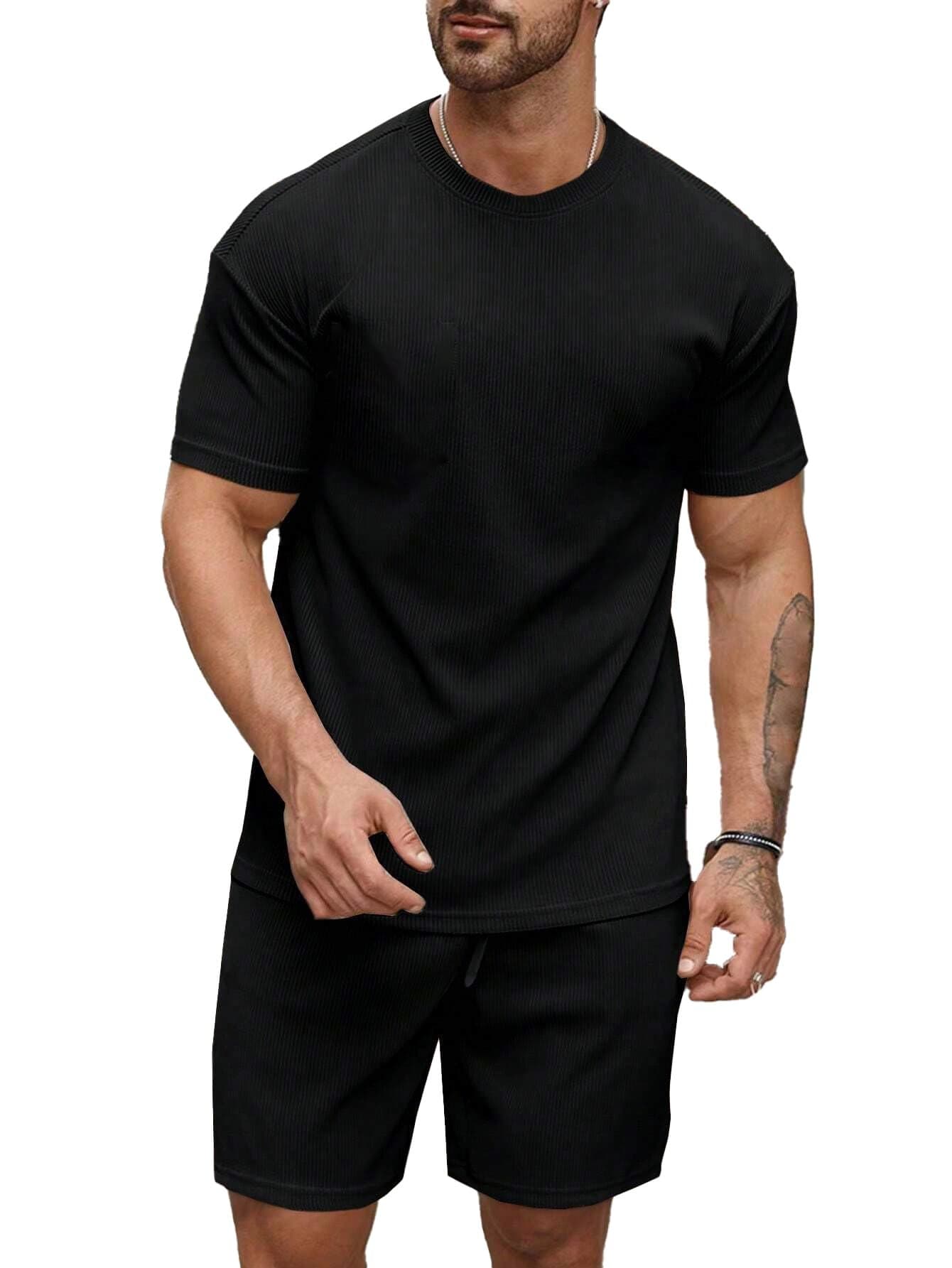 SMOWKLY Men's Premium Hosiery Cotton Blend Pyjama Set || Stylish Round Neck T-Shirt and Shorts || Casual Night Suit Wear Set for Man (1162_MTNS_BK_S)