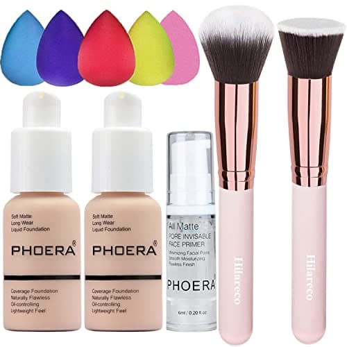 PHOERA 2 Pack Nude 102 Foundation Primer Set Full Coverage Matte Finish 24 HR Oil Control Concealer Foundation Brush Powder Brush 5 Makeup Sponge